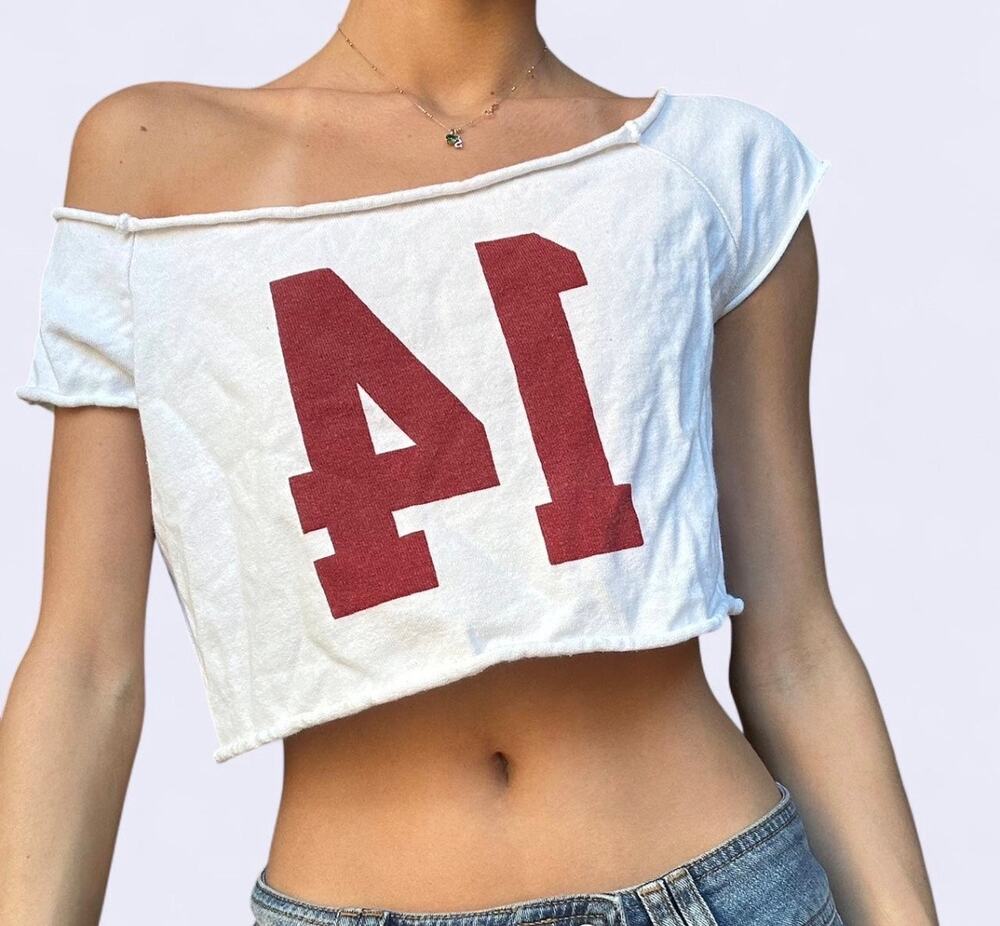 Brandy Melville Cream Burgundy 14 Graphic Cropped off the shoulder top